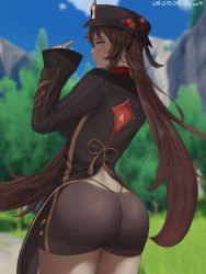Rule 34 | 1girl, ass, black hat, black shorts, blurry, blush, breasts, brown hair, chinese clothes, closed mouth, coat, cowboy shot, depth of field, female focus, from behind, genshin impact, hat, highres, hu tao (genshin impact), huge ass, long hair, long sleeves, looking at viewer, looking back, oroborus, outdoors, red eyes, shiny clothes, short shorts, shorts, sideboob, solo, thighs, thong, twintails, very long hair, whale tail (clothing)