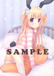 Rule 34 | 1girl, :3, all fours, animal ears, bed, blonde hair, blush, carrot-shaped pillow, commentary request, finger to mouth, frilled pillow, frills, from behind, hair between eyes, hair ornament, hair scrunchie, heart, long hair, looking at viewer, looking back, no pants, on bed, original, parted lips, pillow, purple eyes, rabbit ears, rabbit girl, rabbit tail, sample watermark, scrunchie, shushing, solo, star (symbol), striped background, striped clothes, striped sweater, sweater, tail, thighhighs, two side up, usashiro mani, vertical stripes, very long hair, watermark, white scrunchie, white thighhighs