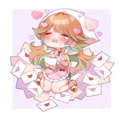 Rule 34 | 1girl, apron, blush, chibi, colored inner hair, crying, envelope, green hair, holding, holding envelope, hololive, hololive english, kneeling, looking up, mamaloni, multicolored hair, official art, open mouth, orange hair, sitting, slippers, solo, takanashi kiara, valentine, virtual youtuber, wariza
