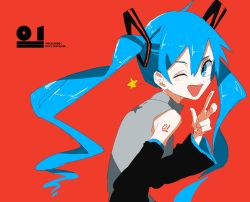 Rule 34 | 1girl, ;d, bare shoulders, black sleeves, blue eyes, blue hair, blush, commentary request, detached sleeves, grey shirt, hair between eyes, hair ornament, hand up, hatsune miku, highres, ligton1225, long hair, looking back, one eye closed, open mouth, red background, shirt, simple background, sleeveless, sleeveless shirt, smile, solo, star (symbol), twintails, upper body, vocaloid