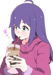Rule 34 | 1girl, ahoge, bendy straw, blue eyes, blush, bubble tea, closed mouth, cup, drinking, drinking straw, enelis, eyebrows hidden by hair, hair between eyes, holding, holding cup, idolmaster, idolmaster million live!, idolmaster million live! theater days, jacket, long hair, long sleeves, looking away, mochizuki anna, purple hair, purple jacket, simple background, solo, translation request, upper body, white background