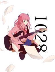 Rule 34 | 1girl, absurdres, aikawa megumi, black footwear, black socks, blue jacket, closed mouth, clothes around waist, collared shirt, dot nose, floating, full body, green eyes, guitar, hair ribbon, heaven burns red, highres, holding, holding instrument, holding plectrum, instrument, jacket, jacket around waist, kneehighs, long bangs, long hair, looking ahead, music, neck ribbon, papers, pink hair, playing instrument, pleated skirt, plectrum, red ribbon, ribbon, school uniform, shirt, shoes, sidelocks, simple background, sitting, skirt, sleeves pushed up, smile, socks, solo, two side up, watanuki (enu), white background, white shirt, yellow skirt