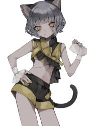 Rule 34 | 1girl, :3, alternate costume, animal ear fluff, animal ears, belt, blunt bangs, blush, buttons, cat ears, cat girl, cat tail, closed mouth, contrapposto, cowboy shot, fingernails, grey hair, hand on own hip, hand up, head tilt, highres, holding, holding clothes, looking at viewer, manuka x x, medium bangs, medium hair, midriff, navel, nina (valis), short shorts, shorts, simple background, smile, solo, tail, valis (sinsekai), white background, wrist cuffs, yellow eyes, yellow nails
