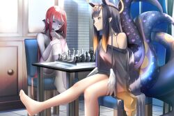 Rule 34 | 1girl, absurdres, alternate costume, bare legs, barefoot, black hair, black shirt, blunt bangs, board game, chess, colored skin, extra ears, feet, foot out of frame, gradient hair, gradient skirt, grey shorts, grey skin, grey tank top, hair ornament, highres, hololive, hololive english, hololive indonesia, indoors, knees together feet apart, knees up, kureiji ollie, legs, legs together, long hair, looking down, looking to the side, mouth hold, multicolored hair, ninomae ina&#039;nis, off shoulder, on chair, patchwork skin, pero (peroneko0510), pointy ears, purple skin, red hair, shirt, short shorts, shorts, sidelocks, single bare shoulder, sitting, smile, soles, solo, stitched arm, stitched face, stitched leg, stitches, streaked hair, tank top, tentacles, tile floor, tiles, toes, very long hair, virtual youtuber, x hair ornament