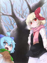 Rule 34 | 2girls, :o, ahoge, araki (qbthgry), artist name, black vest, blonde hair, blue hair, breath, brown jacket, cirno, commentary request, cowboy shot, dated, day, fang, fog, from below, green scarf, hair between eyes, hair ribbon, highres, jacket, long sleeves, looking at viewer, multiple girls, necktie, open mouth, pantyhose, pink scarf, red eyes, red neckwear, red ribbon, ribbon, rumia, scarf, shirt, short hair, sitting, skin fang, sky, snow, standing, touhou, tree, upper body, vest, white legwear, white shirt, winter clothes