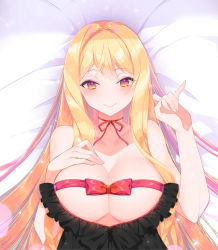 Rule 34 | 1girl, alternate costume, babydoll, bare arms, bed, blonde hair, blush, breasts, cleavage, collarbone, gradient eyes, hand on own chest, large breasts, light particles, long hair, looking at viewer, lying, multicolored eyes, neck ribbon, on back, orange eyes, pinky out, purple eyes, red ribbon, ribbon, roh nam kyung, smile, solo, touhou, upper body, very long hair, yakumo yukari, yellow eyes
