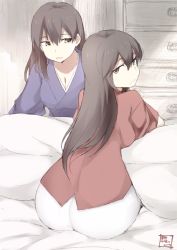Rule 34 | 10s, 2girls, akagi (kancolle), alternate hairstyle, ass, breasts, brown eyes, brown hair, cleavage, closed mouth, drawer, hair between eyes, hair down, haori, indoors, japanese clothes, kaga (kancolle), kantai collection, long hair, looking at another, looking back, looking to the side, medium breasts, multiple girls, open mouth, pantyhose, shigino sohuzi, sitting, white legwear
