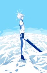 Rule 34 | 10s, androgynous, antarcticite, black gloves, blue theme, collared shirt, gender request, gloves, highres, houseki no kuni, monochrome, shirt, short hair, short sleeves, shorts, solo, sparkle, weapon, white hair, white shirt