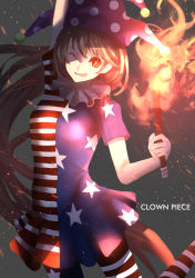 Rule 34 | 1girl, american flag dress, american flag legwear, arm up, blonde hair, character name, clownpiece, dress, fire, hat, highres, jester cap, kaitou0215, long hair, looking at viewer, one eye closed, pantyhose, polka dot, red eyes, short dress, smile, solo, star (symbol), star print, striped clothes, striped dress, striped pantyhose, torch, touhou, very long hair