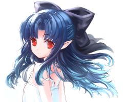 Rule 34 | 00s, 1girl, blue hair, bow, ephtracy, hair bow, half updo, kagetsu tooya, len (tsukihime), light smile, looking at viewer, melty blood, pointy ears, red eyes, simple background, solo, strap slip, tsukihime, upper body