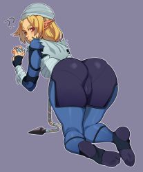 Rule 34 | 1girl, ?, ??, all fours, ass, blonde hair, bodysuit, braid, breasts, cameltoe, from behind, highres, huge ass, long hair, looking at viewer, looking back, nintendo, pointy ears, porqueloin, red eyes, sheik, shiny clothes, sideboob, single braid, skin tight, solo, the legend of zelda, the legend of zelda: ocarina of time, very long hair