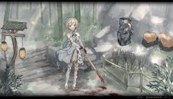 Rule 34 | 1girl, absurdres, black gloves, blonde hair, blood, blood on clothes, blood on face, blood on shoes, blood splatter, bloody weapon, boots, bush, dress, expressionless, feather hair ornament, feathers, fence, forest, genshin impact, gloves, hair ornament, highres, in-universe location, lantern, lumine (genshin impact), nature, path, road, scarf, sidelocks, solo, statue, stone floor, thigh boots, thighhighs, weapon, white dress, white footwear, white scarf, yellow eyes, yoooichang