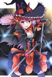 Rule 34 | 1girl, bat wings, black legwear, blue eyes, blush, choker, commentary request, demon tail, detached sleeves, dragon girl, dress, elizabeth bathory (fate), elizabeth bathory (fate/extra ccc), elizabeth bathory (fate/grand order), elizabeth bathory (halloween caster) (fate), eyebrows, fang, fate/grand order, fate (series), hair between eyes, halloween, hat, holding, holding microphone, long hair, microphone, open mouth, pink hair, solo, striped clothes, striped dress, tail, tsuezu, vertical-striped clothes, vertical-striped dress, wings, witch hat
