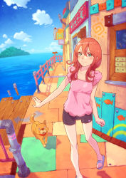 Rule 34 | 1girl, aqua eyes, bike shorts, blush, cloud, colorful, day, dog, heart, long hair, ocean, original, outstretched arm, outstretched hand, perspective, purple hair, railing, revision, sandals, shadow, sky, smile, solo, tanuki koubou, water