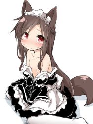 Rule 34 | 1girl, aged down, alternate costume, animal ears, apron, black dress, brown hair, commentary request, dress, enmaided, imaizumi kagerou, long hair, looking at viewer, maid, maid headdress, natsu no koucha, pantyhose, red eyes, simple background, sitting, solo, tail, touhou, white background, white pantyhose, wolf ears, wolf tail