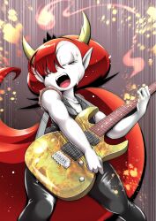 Rule 34 | 1girl, bare shoulders, big hair, cocco (cocco1192), colored skin, disney, fangs, female focus, fire, guitar, hair over one eye, hekapoo, highres, holding, holding instrument, instrument, latex, long hair, monster girl, music, open mouth, pointy ears, singing, solo, standing, star vs the forces of evil, sweat, very long hair, white skin