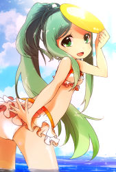 Rule 34 | 1girl, :d, amaterasu (p&amp;d), aqua hair, bare shoulders, bikini, blue sky, cloud, cloudy sky, day, frilled bikini, frills, from behind, green eyes, hair up, highres, long hair, looking back, open mouth, pikomarie, ponytail, puzzle &amp; dragons, sidelocks, sky, smile, solo, swimsuit, wading, water