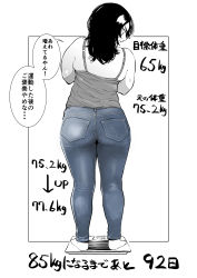 Rule 34 | 1girl, absurdres, ass, back, barefoot, blue legwear, blue pants, border, comic, d:, denim, feet, fukuhara takaya, full body, furrowed brow, highres, jeans, long hair, looking down, measurements, open mouth, original, outside border, pants, parted bangs, plump, sequential, shirt, sleeveless, sleeveless shirt, solo, speech bubble, spot color, standing, surprised, tank top, thick thighs, thighs, translation request, weighing scale, weight conscious, weight gain