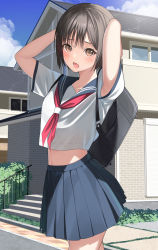 Rule 34 | 1girl, :o, armpits, arms up, bag, black hair, blue sailor collar, blue skirt, blush, brown eyes, building, commentary request, day, highres, house, looking at viewer, midriff, mottsun (i 40y), navel, neckerchief, open mouth, original, outdoors, pleated skirt, red neckerchief, sailor collar, school bag, school uniform, serafuku, shirt, short hair, short sleeves, skirt, solo, town, white shirt