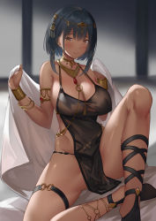 Rule 34 | 1girl, bare shoulders, blue hair, bob cut, bracelet, breasts, choker, dancer, indoors, jewelry, large breasts, necklace, original, sitting, smile, solo, spread legs, suzuame yatsumi, thigh strap, yellow eyes
