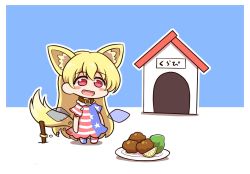Rule 34 | 1girl, american flag, american flag legwear, american flag print, american flag shirt, animal ears, blonde hair, chibi, clownpiece, collar, dog ears, dog tail, doghouse, fairy wings, flag print, highres, leash, looking at viewer, pantyhose, print shirt, red eyes, shitacemayo, solo, tail, touhou, wings