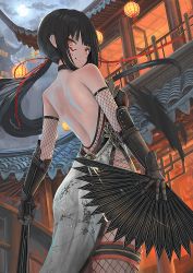 Rule 34 | 1girl, architecture, backless dress, backless outfit, black hair, blood, blood on face, blood splatter, blunt bangs, building, dress, east asian architecture, elbow gloves, fishnet gloves, fishnets, from behind, gauntlets, gloves, hair ribbon, halterneck, hand fan, highres, long hair, looking at viewer, looking back, nihoshi (bipedal s), orange eyes, original, ponytail, red ribbon, ribbon, side slit, solo, thigh strap