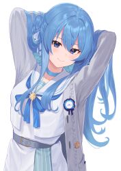 Rule 34 | 1girl, absurdres, arms behind head, arms up, belt, blue choker, blue eyes, blue hair, blue neckerchief, blush, cardigan, choker, closed mouth, commentary request, daily (daily178900), grey belt, grey cardigan, highres, hololive, hoshimachi suisei, hoshimachi suisei (school uniform), long hair, looking at viewer, neckerchief, official alternate costume, open cardigan, open clothes, sailor collar, school uniform, serafuku, shirt, simple background, skirt, smile, solo, upper body, virtual youtuber, white background, white sailor collar, white serafuku, white shirt, white skirt