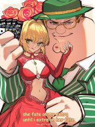 1boy 1girl :q ahoge blonde_hair breasts brown_hair card cleft_chin closed_mouth clothing_cutout collared_shirt commentary dress english_commentary english_text family_guy fat fat_man fate/extra fate_(series) fedora flower glasses green_eyes green_hat green_jacket green_necktie hat highres holding holding_card jacket kowai_(iamkowai) large_breasts lipstick_mark looking_at_viewer navel necktie nero_claudius_(fate) nero_claudius_(fate/extra) peter_griffin pinstripe_jacket pinstripe_pattern red_dress red_flower red_rose roblox rose round_eyewear shirt smirk stomach_cutout suit_jacket tongue tongue_out