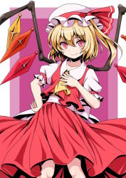 Rule 34 | 1girl, ascot, blonde hair, fang, flandre scarlet, hat, kimagure blue, looking at viewer, mob cap, puffy short sleeves, puffy sleeves, red eyes, short hair, short sleeves, side ponytail, smile, solo, standing, touhou, wings