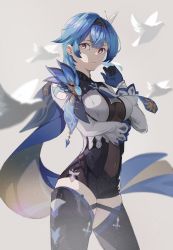 Rule 34 | 1girl, absurdres, animal, arm under breasts, bird, black gloves, black hairband, black thighhighs, blue gloves, blue hair, blue necktie, bodysuit, breasts, butterfly hair ornament, closed mouth, elise (wdsm2344), eula (genshin impact), genshin impact, gloves, hair ornament, hairband, hand up, highres, large breasts, long hair, long sleeves, looking at viewer, necktie, purple eyes, simple background, solo, thighhighs, two-tone gloves, vision (genshin impact), white bird, wide sleeves