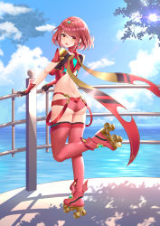 Rule 34 | 1girl, absurdres, black gloves, bob cut, breasts, chest jewel, earrings, fingerless gloves, gloves, highres, jewelry, large breasts, okazakileo, pyra (xenoblade), red eyes, red hair, red shorts, red thighhighs, roller skates, short hair, short shorts, shorts, skates, solo, swept bangs, thighhighs, tiara, xenoblade chronicles (series), xenoblade chronicles 2