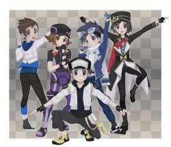 Rule 34 | 5boys, :d, :o, arm up, black gloves, black headwear, black pants, blue jacket, blue pants, boots, border, brendan (pokemon), brendan (sygna suit) (pokemon), brown hair, calem (pokemon), checkered background, commentary request, creatures (company), ethan (pokemon), ethan (sygna suit) (pokemon), fingerless gloves, game freak, ginyu force pose, gloves, grey eyes, grey gloves, hand up, hat, highres, hilbert (pokemon), hilbert (sygna suit) (pokemon), hood, hood down, jacket, leg up, male focus, multiple boys, nintendo, official alternate costume, open clothes, open jacket, open mouth, pants, pants tucked in, pokemon, pokemon masters ex, red (pokemon), red (sygna suit) (thunderbolt) (pokemon), sana (37pisana), scarf, shirt, shoes, short hair, smile, squatting, standing, white border, white jacket, white scarf, white shirt, yellow footwear