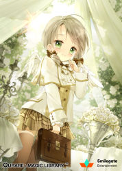 Rule 34 | 1girl, angel wings, bad id, bad pixiv id, bag, brown thighhighs, candle, candlestand, flower, green eyes, grey hair, handbag, looking at viewer, medium hair, official art, original, plaid, plaid skirt, qurare magic library, siloteddy, skirt, solo, standing, table, thighhighs, white flower, wings