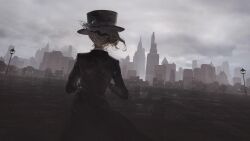 Rule 34 | 1girl, black coat, black hat, blue bow, boater hat, bow, building, coat, cowboy shot, day, dutch angle, empire state building, facing away, from behind, grey hair, hair bun, hat, hat bow, highres, lamppost, new york, official art, outdoors, overcast, reverse:1999, short hair, single side bun, sky, solo, stone floor, vertin (reverse:1999)