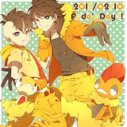 Rule 34 | 2boys, brown hair, character request, clenched teeth, cosplay, creatures (company), crossover, dated, dual persona, evolutionary line, fudou akio, game freak, gen 5 pokemon, gloves, green eyes, grin, highres, hood, hoodie, inazuma eleven, inazuma eleven (series), inazuma eleven go, long hair, male focus, multicolored hair, multiple boys, nintendo, pokemon, polka dot, polka dot background, saku anna, scrafty, scrafty (cosplay), scraggy, scraggy (cosplay), short hair, smile, teeth, two-tone hair