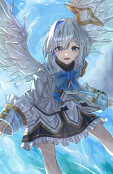 1girl :d absurdres amane_kanata amane_kanata_(1st_costume) angel angel_wings asymmetrical_bangs black_skirt black_undershirt blue_hair blue_sky blue_wings bob_cut bow bowtie cloud cokei colored_inner_hair commentary cumulonimbus_cloud english_commentary eyelashes feathered_wings flying frilled_skirt frills gradient_wings grey_jacket hair_over_one_eye halo highres hololive jacket long_sleeves looking_at_viewer multicolored_hair multicolored_wings open_mouth outdoors pink_hair purple_eyes sailor_collar shirt short_hair single_hair_intake skirt sky smile solo spread_legs star_halo streaked_hair turtleneck virtual_youtuber white_hair white_sailor_collar white_shirt white_wings wide_sleeves wings