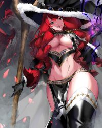 Rule 34 | 1girl, breasts, earrings, fairy tail, hat, highres, irene belserion, jewelry, large breasts, long hair, midriff, navel, pelvic curtain, quad braids, red hair, revealing clothes, staff, thighhighs, underboob