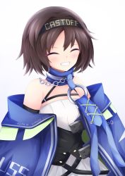 Rule 34 | 1girl, ^ ^, absurdres, azur lane, bare shoulders, black hairband, black sleeves, blue cape, blue collar, blush, breasts, brown hair, cape, chain, choker, closed eyes, clothes writing, collar, commentary request, cooper (azur lane), detached sleeves, dress, grin, hachimaki, hair between eyes, hair intakes, hairband, headband, highres, o-ring, off shoulder, osatou (soul of sugar), short hair, sidelocks, simple background, sleeveless, sleeveless dress, small breasts, smile, solo, standing, striped clothes, striped dress, upper body, vertical-striped clothes, vertical-striped dress, white background, white dress