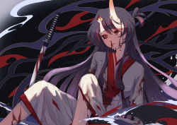 Rule 34 | 1girl, absurdres, black background, black hair, black sclera, blood, blood on clothes, blood on face, bloody weapon, chiyo (genshin impact), colored sclera, commentary, english commentary, fang, genshin impact, highres, horns, japanese clothes, katana, kimono, long hair, multicolored hair, oni, oni horns, open mouth, pepppaya, red eyes, solo, sword, two-tone hair, weapon