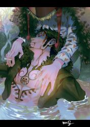 Rule 34 | 2boys, bare tree, black hair, blood, blood on face, cigarette, coat, death, donquixote rocinante, highres, holding, holding cigarette, large hands, looking at another, male focus, mg choco826, mourning, multiple boys, one piece, partially submerged, short hair, tattoo, thick eyebrows, time paradox, toned, toned male, trafalgar law, tree, upper body, water