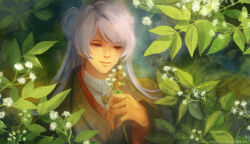 Rule 34 | 1boy, artist name, black sleeves, brown eyes, closed mouth, commentary, double bun, english commentary, english text, fingernails, flower, genzuki toujirou, hair bun, half-closed eyes, highres, japanese clothes, kanlamari, kimono, leaf, lips, long hair, long sleeves, looking at flowers, male focus, nijisanji, red sleeves, shirt, smile, solo, straight hair, sweater, turtleneck, turtleneck sweater, two-sided sleeves, upper body, virtual youtuber, watermark, white flower, white hair, white shirt, wide sleeves, yellow kimono