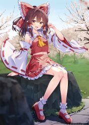 Rule 34 | 1girl, bare shoulders, blush, bow, brown hair, day, detached sleeves, frilled skirt, frills, full body, hair bow, hair tubes, hakurei reimu, highres, japanese clothes, long hair, murasaki atsushi, navel, nontraditional miko, open mouth, outdoors, red bow, red footwear, red skirt, ribbon-trimmed sleeves, ribbon trim, shoes, sidelocks, sitting, skirt, smile, socks, solo, touhou, twitter username, white sleeves, white socks, wide sleeves, yellow eyes
