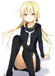 Rule 34 | 10s, 1girl, black thighhighs, blonde hair, collarbone, highres, kantai collection, long hair, long sleeves, mizushina minato, open mouth, personification, satsuki (kancolle), school uniform, short twintails, sitting, skirt, solo, thighhighs, twintails, white background, yellow eyes