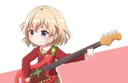 Rule 34 | 1girl, bass guitar, blazer, blonde hair, blue eyes, blush, brown background, brown skirt, closed mouth, collared shirt, commentary request, copyright request, fang, fang out, goth risuto, holding, holding instrument, instrument, jacket, neck ribbon, plaid, plaid skirt, red jacket, ribbon, shirt, skirt, smile, solo, star (symbol), two-tone background, white background, white shirt, yellow ribbon