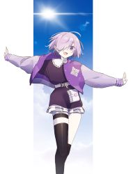 Rule 34 | 1girl, alternate costume, asymmetrical legwear, bad id, bad twitter id, belt, belt buckle, black legwear, blue sky, buckle, buttons, commentary request, dress, fate/grand order, fate (series), hair over one eye, highres, jacket, letterman jacket, light purple hair, long sleeves, looking at viewer, mash kyrielight, nikomicapchi, one eye covered, open clothes, open jacket, open mouth, outstretched arms, purple dress, purple eyes, purple jacket, short dress, short hair, sky, smile, solo, sun, sunlight, tongue, uneven legwear, white belt