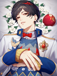Rule 34 | 13 (bbr584607091), 1boy, apple, bad id, bad twitter id, bed sheet, beret, black hair, black hat, blue sweater, bow, bowtie, brooch, brown eyes, collared shirt, dress shirt, flower, food, food bite, fruit, gem, hat, highres, jacket, jewelry, long sleeves, looking at viewer, lying, male focus, neige leblanche, on back, own hands together, parted lips, plaid, plaid shirt, red bow, red bowtie, red gemstone, roman numeral, shirt, short hair, sleeves past wrists, sweater, twisted wonderland, upper body, white flower, white jacket