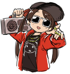 Rule 34 | 10s, 1girl, alternate costume, bad id, bad pixiv id, boombox, jacket, jewelry, kantai collection, long hair, mikuma (kancolle), mizuno (okn66), necklace, ring, shirt, simple background, solo, sunglasses, t-shirt, twintails, white background