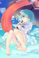 Rule 34 | 1girl, ;q, barefoot, blue eyes, blue hair, blue skirt, blue sky, blue vest, closed mouth, cloud, cross-laced clothes, full body, gradient sky, highres, holding, holding umbrella, juliet sleeves, karakasa obake, long sleeves, looking at viewer, one eye closed, outdoors, puffy sleeves, purple umbrella, rainbow, ramudia (lamyun), short hair, skirt, sky, smile, solo, tatara kogasa, tongue, tongue out, touhou, umbrella, vest