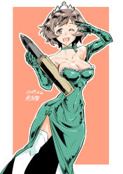Rule 34 | 1girl, ;d, akiyama yukari, artist name, breasts, bright pupils, brown eyes, brown hair, choker, commentary request, covered navel, cowboy shot, dated, dress, elbow gloves, formal, girls und panzer, gloves, green choker, green gloves, highres, holding, looking at viewer, medium breasts, messy hair, one eye closed, open mouth, orange background, outline, ribbon choker, salute, shinkuukan (tetsuo3), short hair, side slit, signature, simple background, smile, solo, standing, strapless, strapless dress, tank shell, thighhighs, tiara, white outline, white pupils, white thighhighs