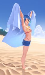 Rule 34 | 1girl, absurdres, armpits, arms up, barefoot, beach, beach towel, bikini, blue eyes, blue hair, blue sky, breasts, cloud, commentary, denim, denim shorts, english commentary, footprints, from side, front-tie bikini top, front-tie top, gloamy, grin, groin, highres, looking at viewer, magia record: mahou shoujo madoka magica gaiden, mahou shoujo madoka magica, medium breasts, miki sayaka, miki sayaka (swimsuit costume), multicolored bikini, multicolored clothes, outdoors, red bikini, sand, short hair, shorts, sidelighting, sky, smile, solo, standing, striped bikini, striped clothes, swimsuit, thighs, towel, yellow bikini
